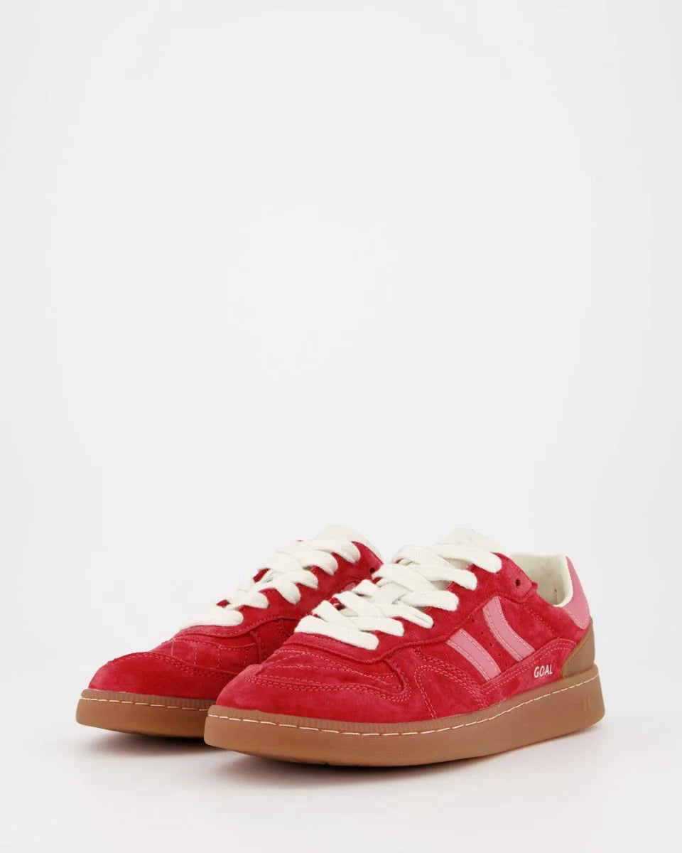 Coolway Goal Sneakers - Red Love in suede with white laces and gum soles, shown on a plain white background.