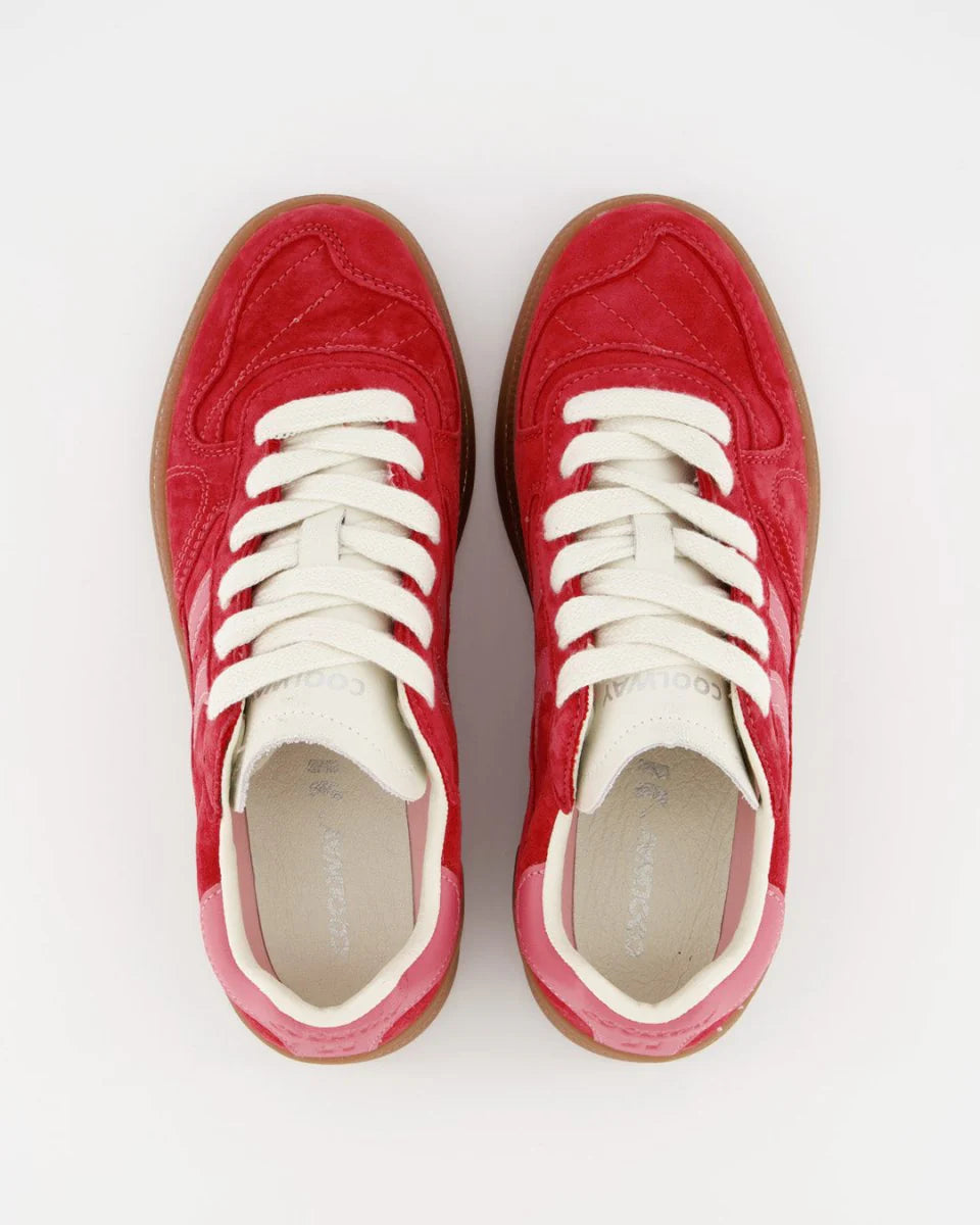 The Coolway Goal Sneakers - Red Love are red suede leather trainers with white laces and beige soles, shown from above on a white background.