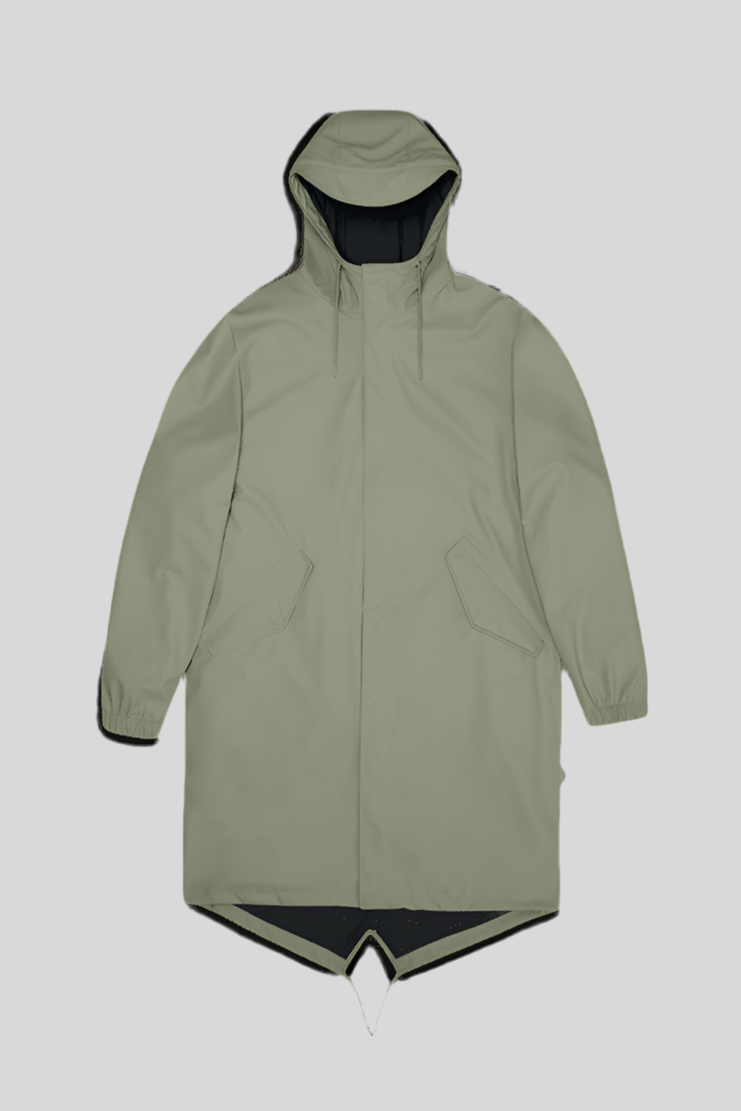 The Rains Fishtail Parka - Core Colours is a light gray unisex raincoat with a front zip, two angled pockets, elastic cuffs, and a fishtail hem made from lightweight fabric, shown on a plain background.
