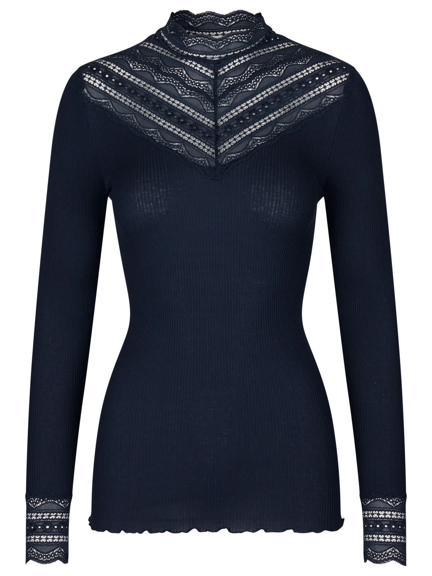 Benita Silk LS Lace T-neck T-shirt in black by Rosemunde, a long-sleeve ribbed top with elegant lace detailing on the high neckline, chest, and cuffs, displayed on a plain white background.