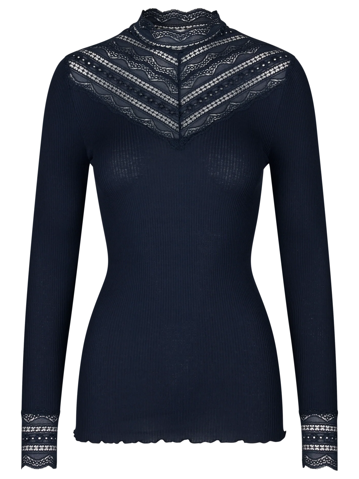 The Bennita Silk LS Lace T-neck T-shirt by Rosemunde features a navy blue hue with delicate lace detailing on the neckline, chest, and cuffs, offering a ribbed texture and a fitted silhouette.