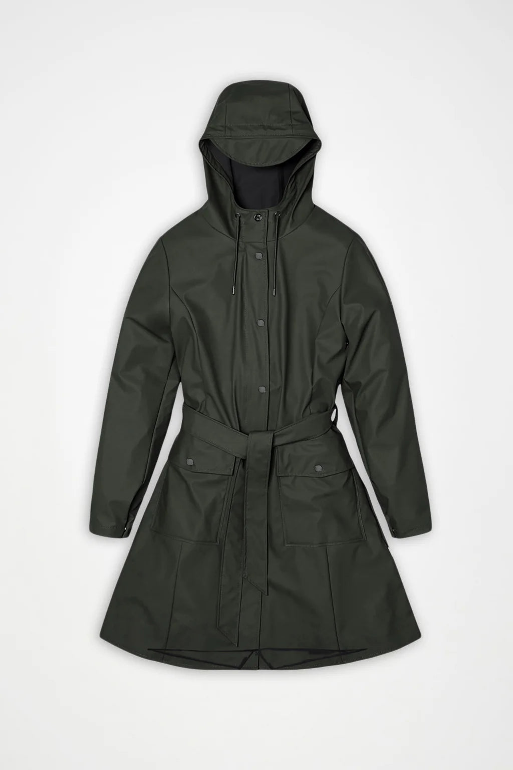 Curve W Jacket W3 by Rains: A dark green women's raincoat featuring a belted waist, snap buttons, and two front pockets, laid flat on a plain white background; this lightweight jacket is designed to keep you dry while offering effortless style.