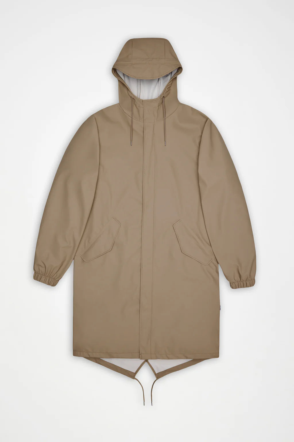 The Rains Fishtail Parka - Core Colours in beige is shown flat on a white background, featuring a waterproof design with front zipper, two angled pockets, elastic cuffs, and adjustable drawstrings at the hood and hem.