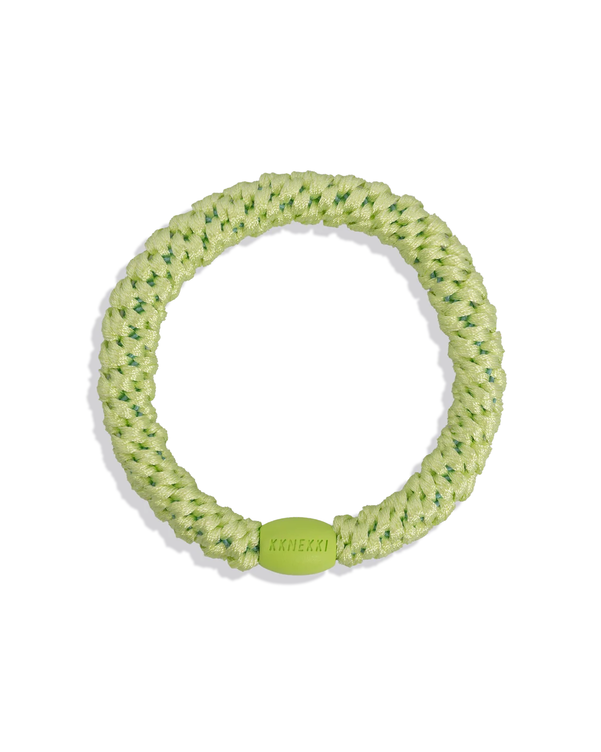 The KKNEKKI Hair Tie - Original is a green braided elastic with a small oval "Kknekki" clasp. Gentle, waterproof, and ideal for all-day wear, it's perfect for any hairstyle. Shown on a white background.