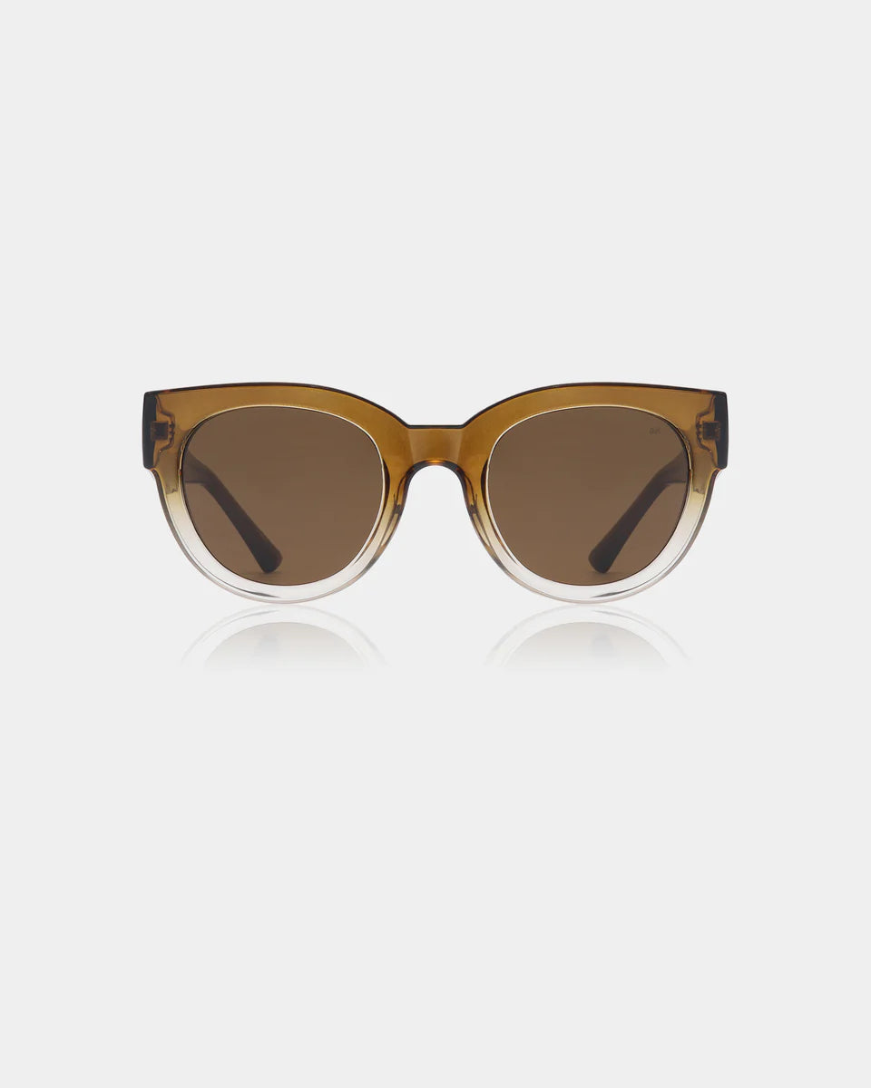 Front view of A. Kjærbede Lilly Sunglasses - Smoke Champagne, featuring round lenses and translucent frames made from recycled materials, displayed on a plain white background.