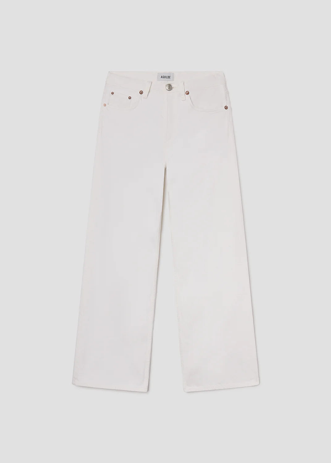 The AGOLDE Arc Jean 29" in Chalk White, made from regenerative cotton, features a relaxed waist, wide-leg fit, front and back pockets, belt loops, and button closure, shown laid flat on a plain background.