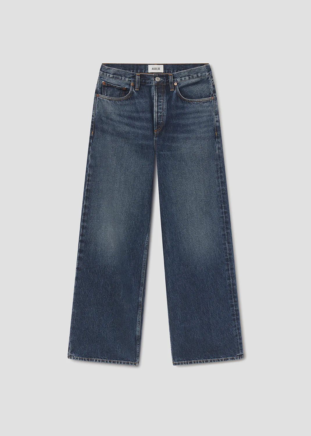 The AGOLDE Arc Jean 32" - Shortwave is a wide-leg, high-waisted style crafted from regenerative cotton denim with a button and zip closure, five-pocket design, and slight thigh fading.
