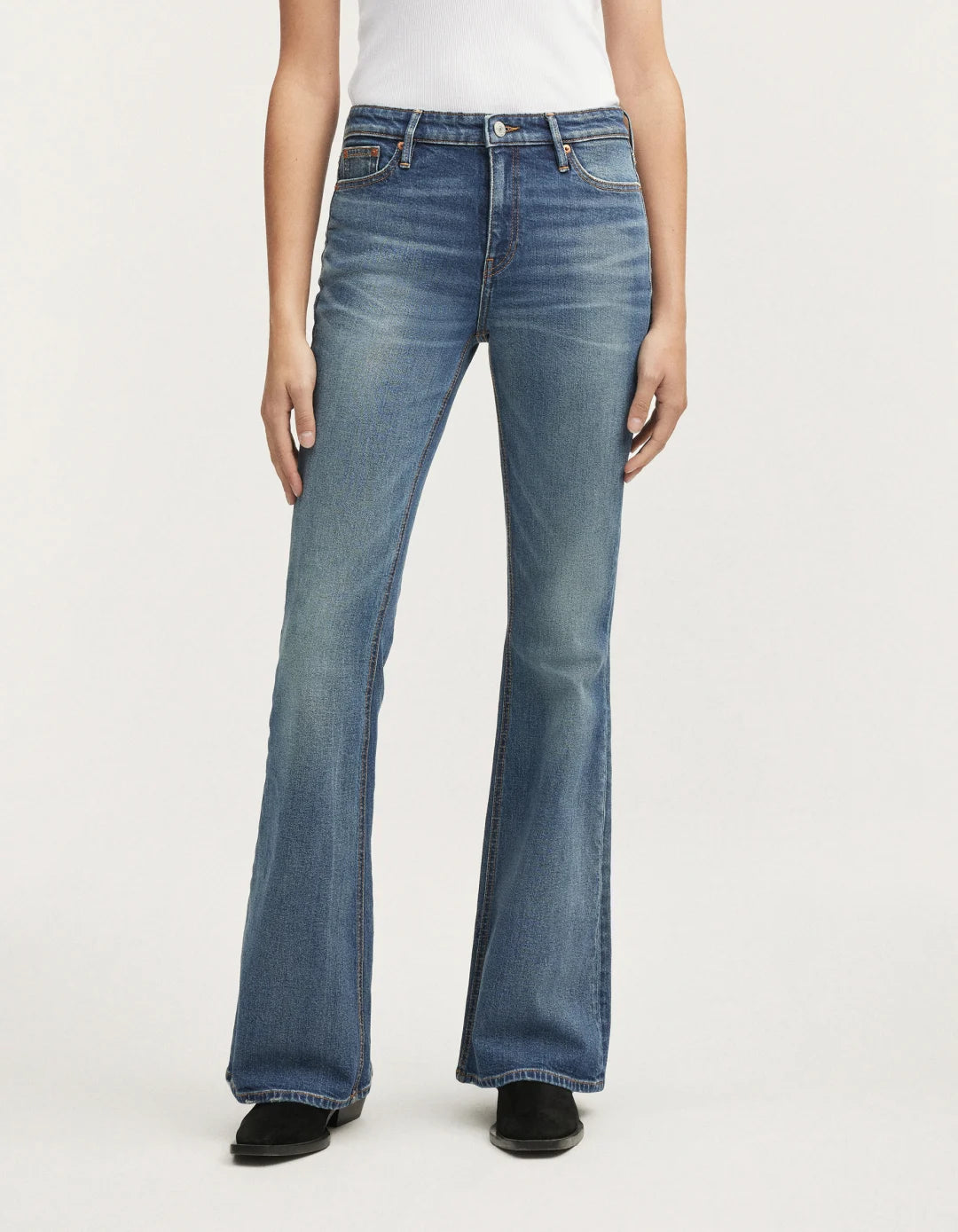High rise flare jean in mid blue wash