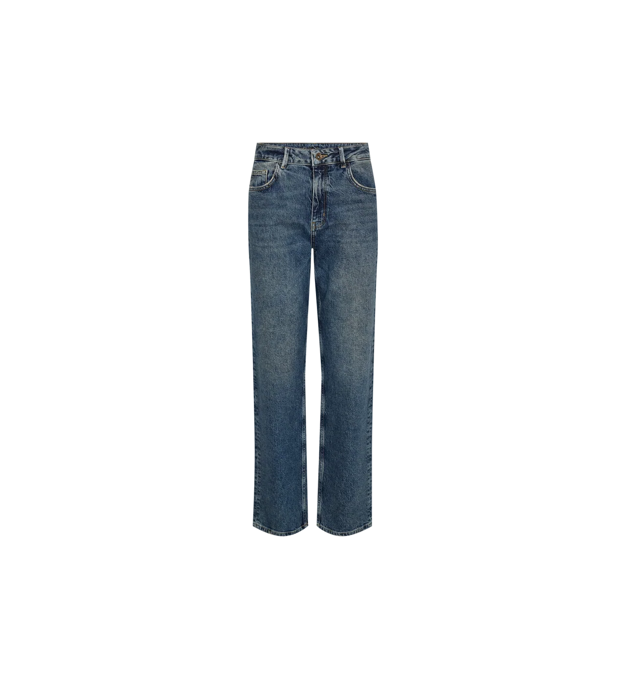 A pair of medium-wash blue denim jeans with a straight-leg fit, shown flat against a solid white background.