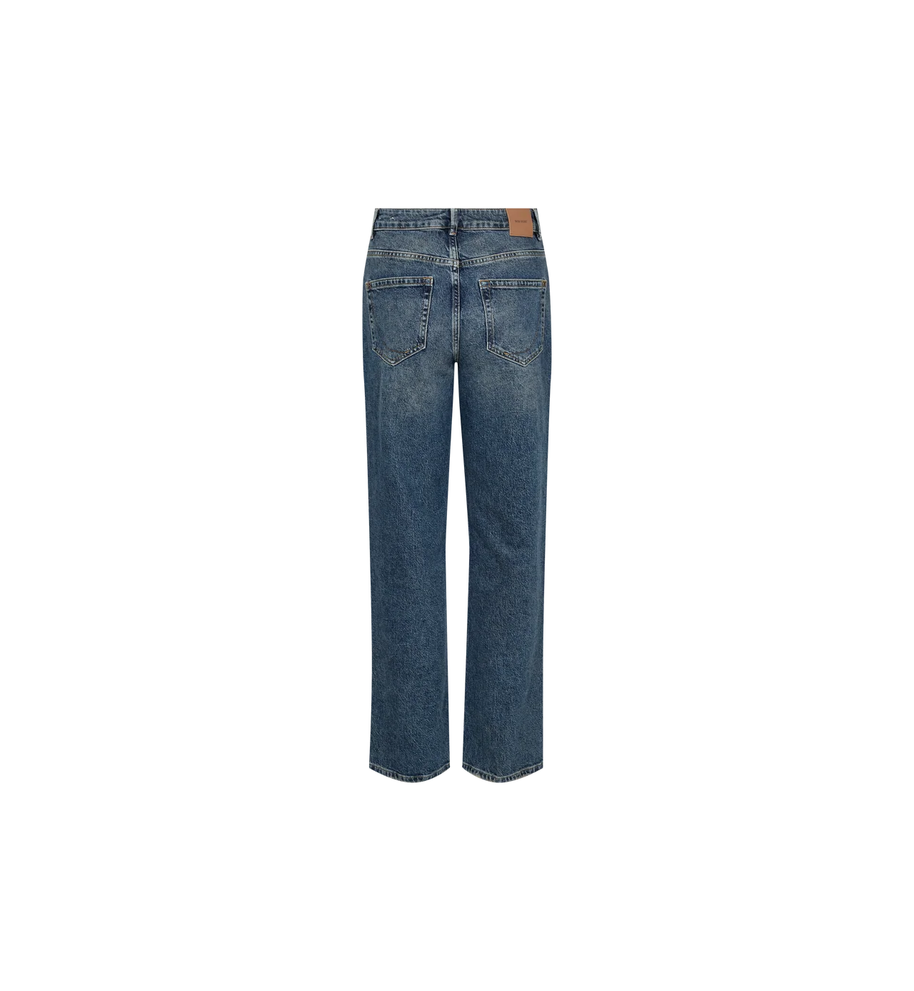Back view of a pair of medium-wash blue denim jeans with a straight-leg fit, shown on a plain white background.