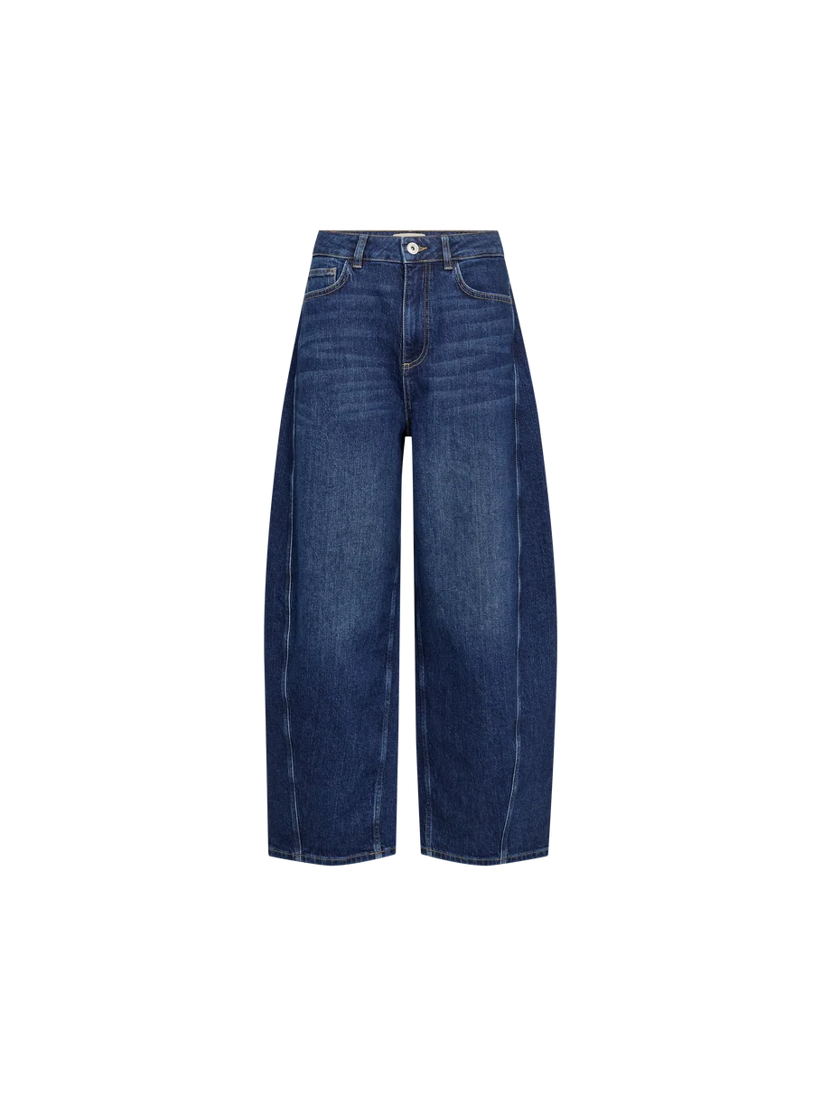 A pair of MOS MOSH Cindy Draciel Jeans in a high-rise, wide-leg silhouette, crafted from organic cotton with front and back pockets, displayed on a white background.