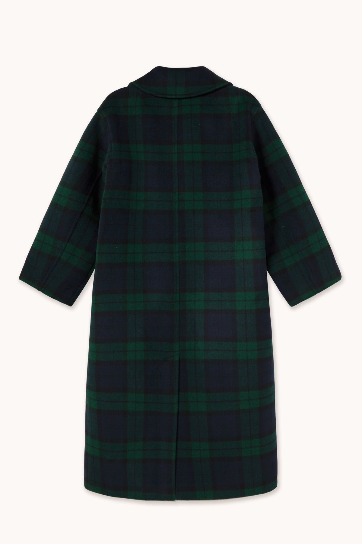 A dark green and black plaid coat with three-quarter sleeves, shown from the back against a light off-white background.