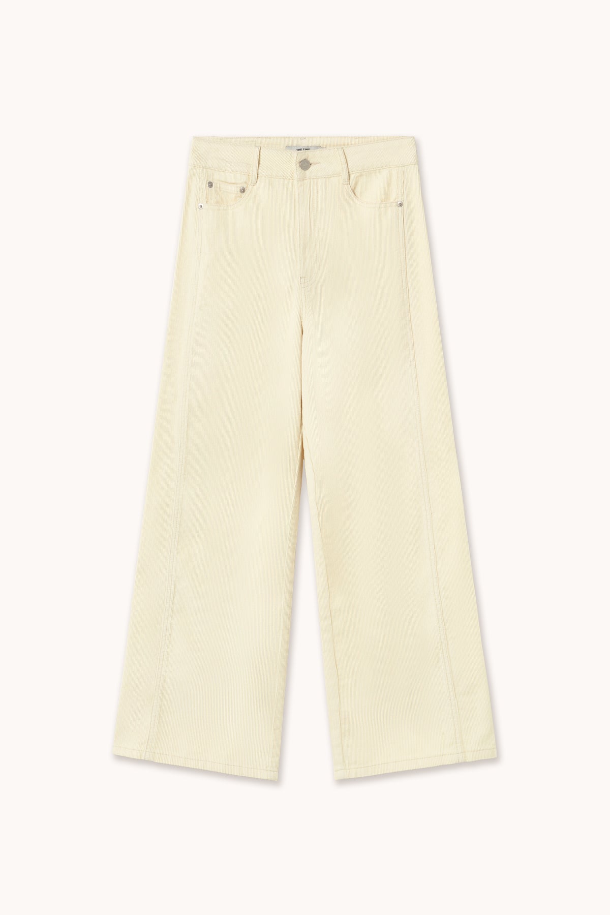 A pair of off-white cropped wide-leg CORDS with a straight,BARREL fit, shown flat against a solid off-white background.