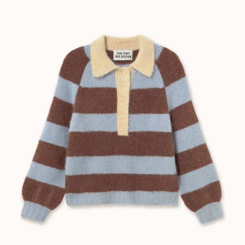 LIGHT BLUE and brown knitwear sweater in a rugby stripe style with a contrast off white collar on a white background