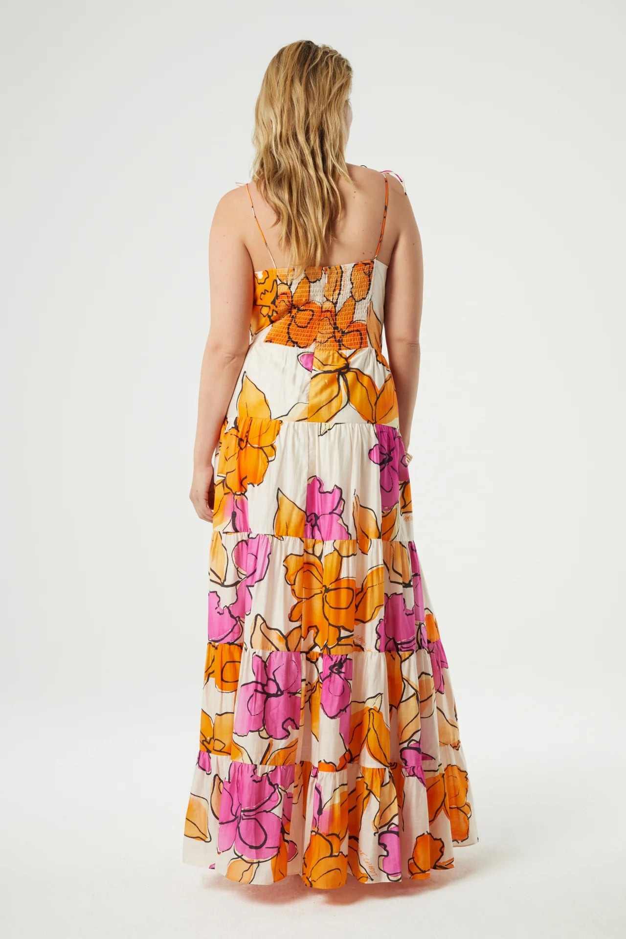 Maxi dress with thin straps in orange and pink floral print