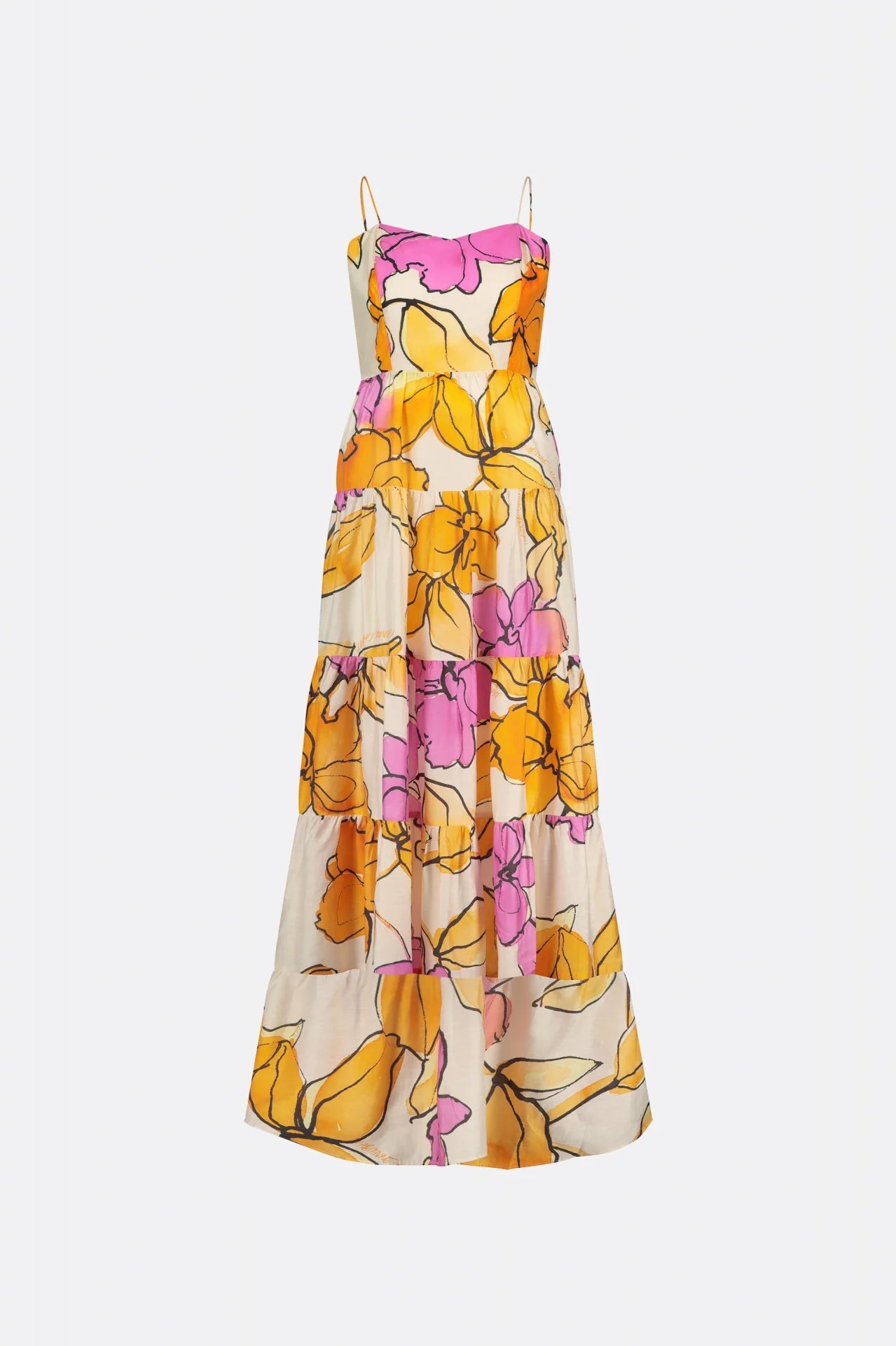 Maxi dress with thin straps in orange and pink floral print