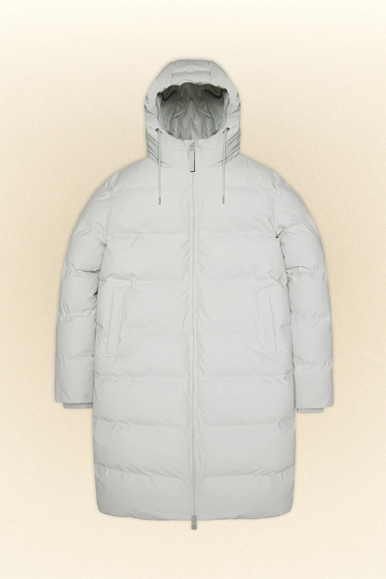 An Alta Long Puffer Jacket with hood on a white background.