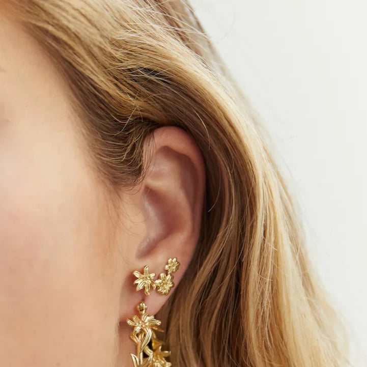 model wearing gold earrings