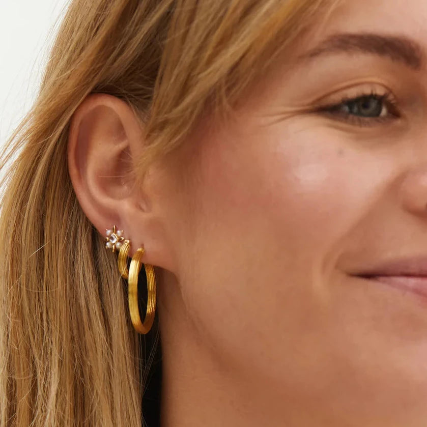 model wearing gold earrings