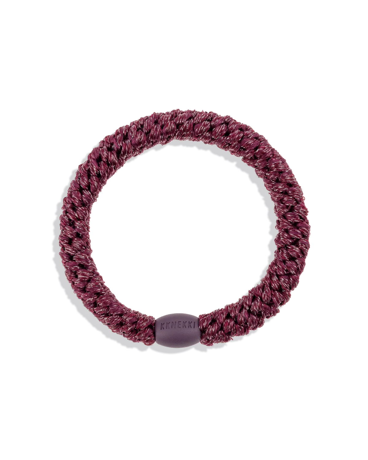 The KKNEKKI Hair Tie - Original is a twisted, maroon elastic hair tie with a gentle grip and a small, purple oval bead labeled "Kknekki.