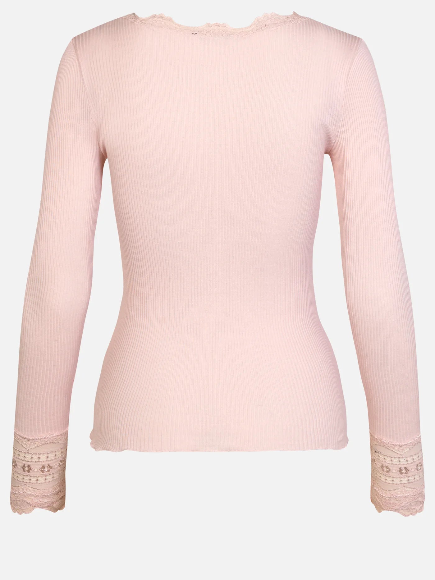A Rosemunde Long-Sleeve Silk Lace Top, beautifully designed in a delicate pink color.