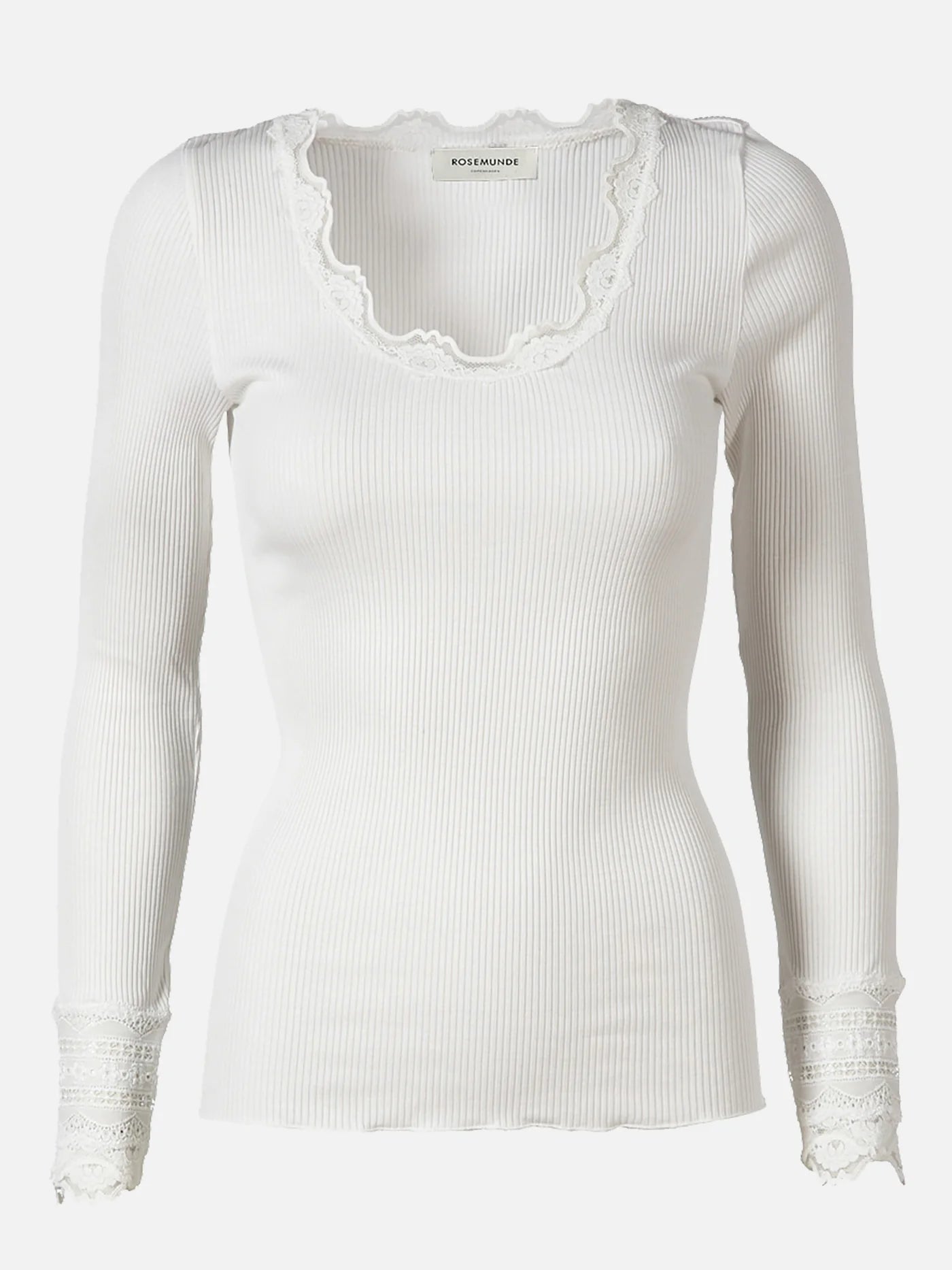 A slim-fitting Long-Sleeve Silk Lace Top with lace trim by Rosemunde.