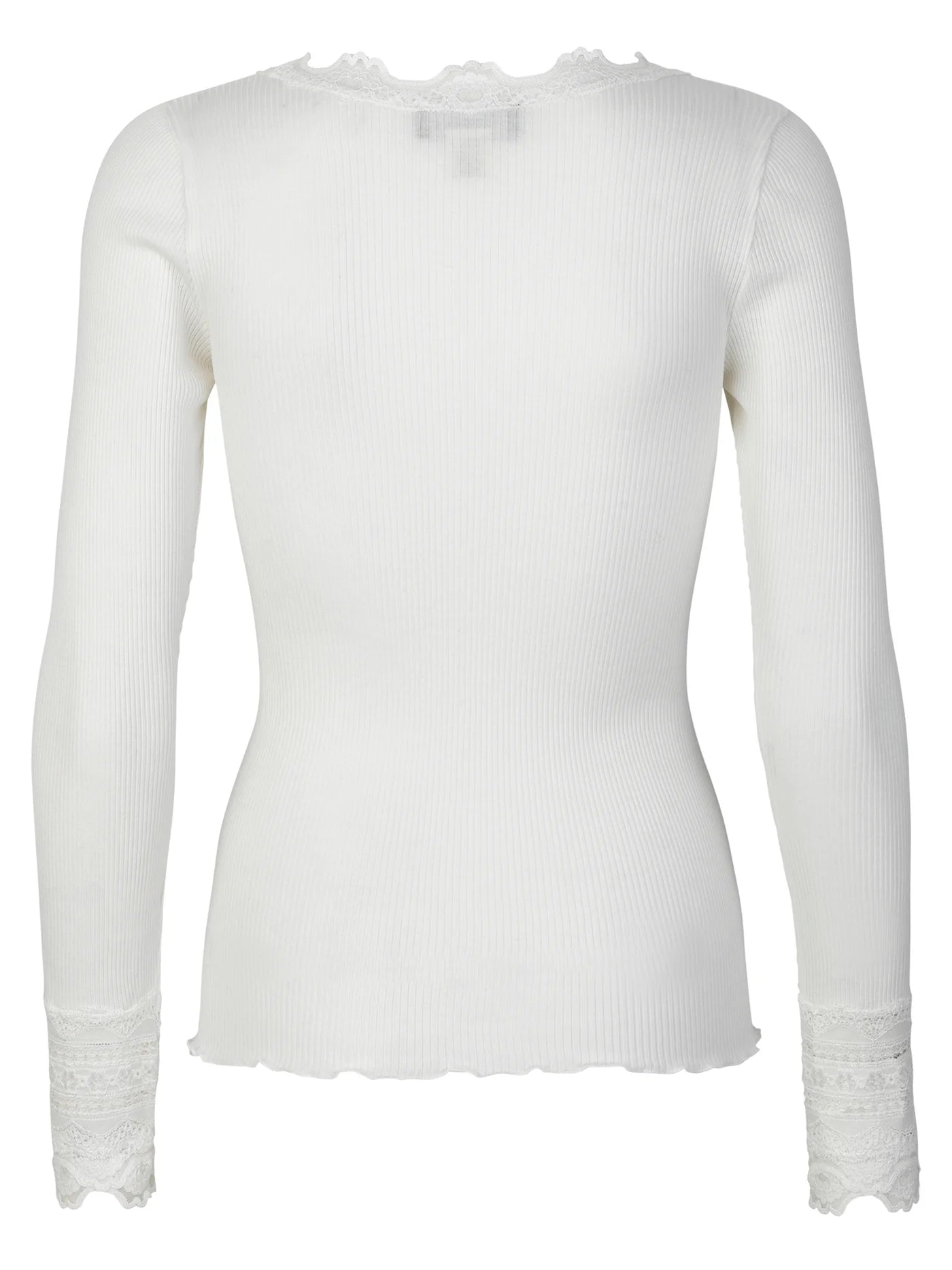 A beautifully designed Rosemunde white Long-Sleeve Silk Lace Top with lace trim.