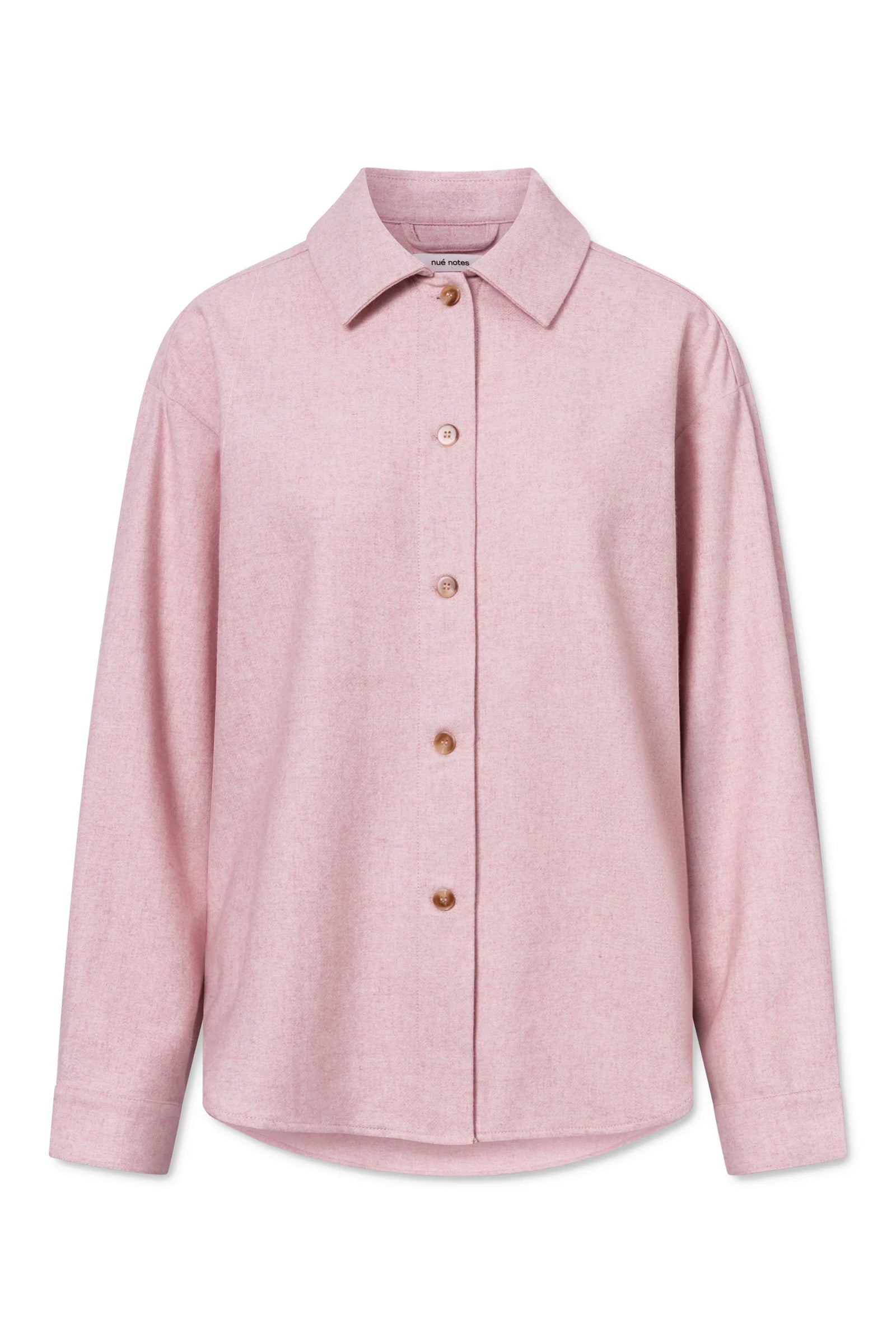 The Nué Notes Bonnyrigg Shirt in blush is a long-sleeve, oversized button-up with a collar and brown buttons, offering a relaxed fit.