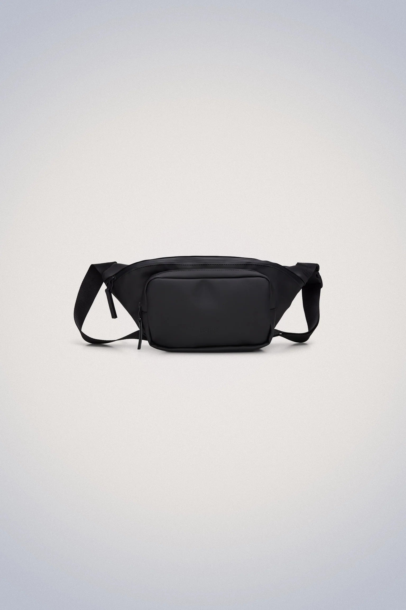 A functional Rains Bum Bag - Black with an adjustable webbing strap, set against a clean white background.