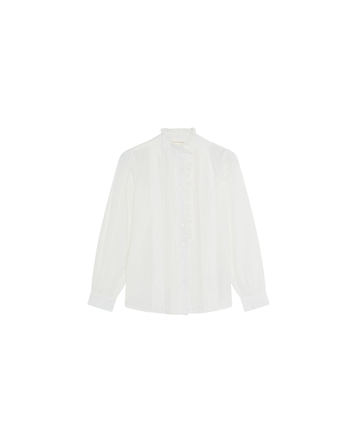 The Bella Blouse - White by Maison Hotel features long sleeves, a button-up front, high ruffle collar, and pleated detailing, shown on a plain white background.