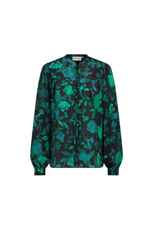 black 'Resa' blouse with green and teal floral patter against a white backdrop