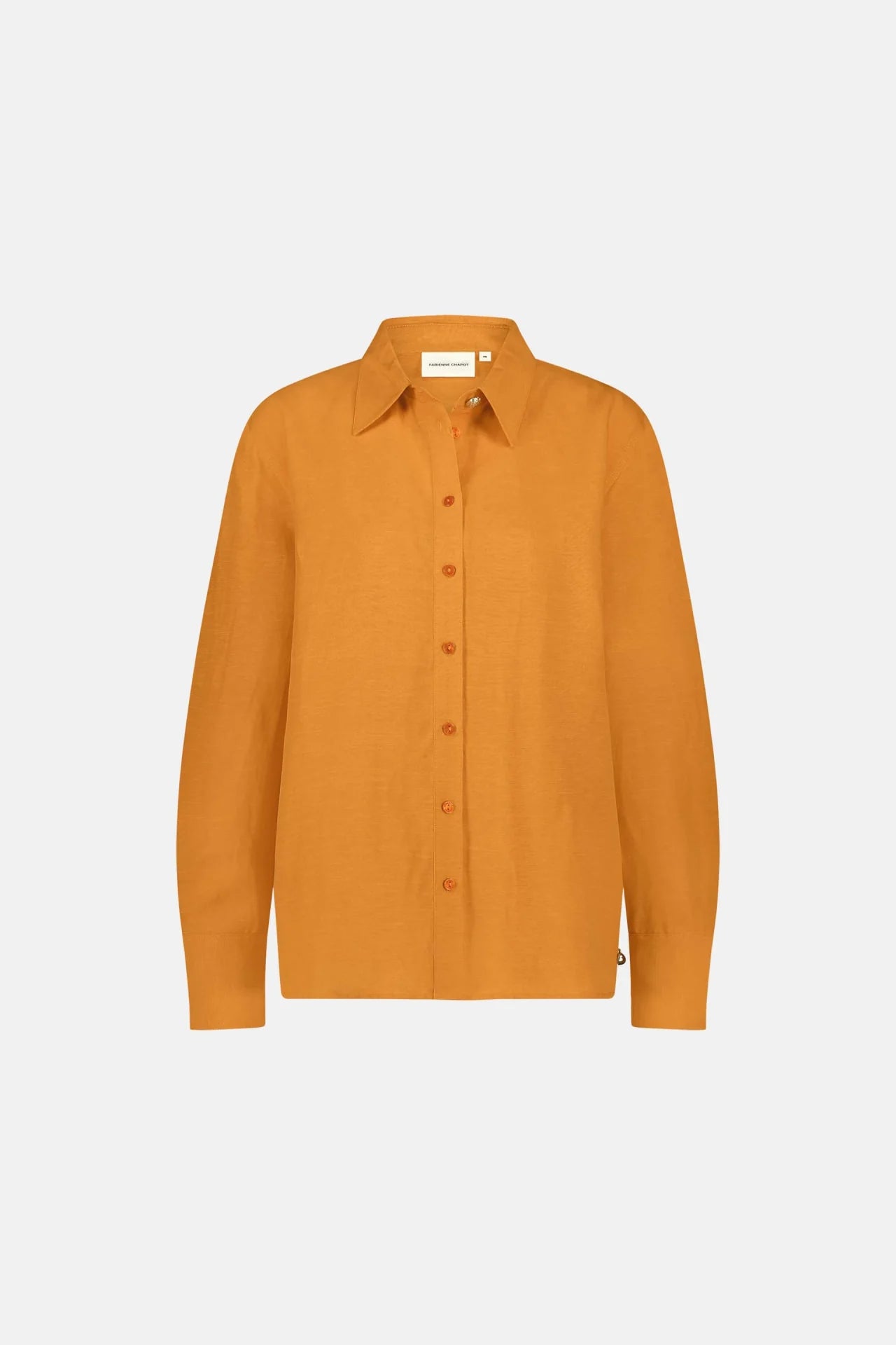 The Fabienne Chapot Tony Shirt - Jus d'Orange is a long-sleeved, button-up regular fit blouse in solid mustard yellow, shown on a plain white background.