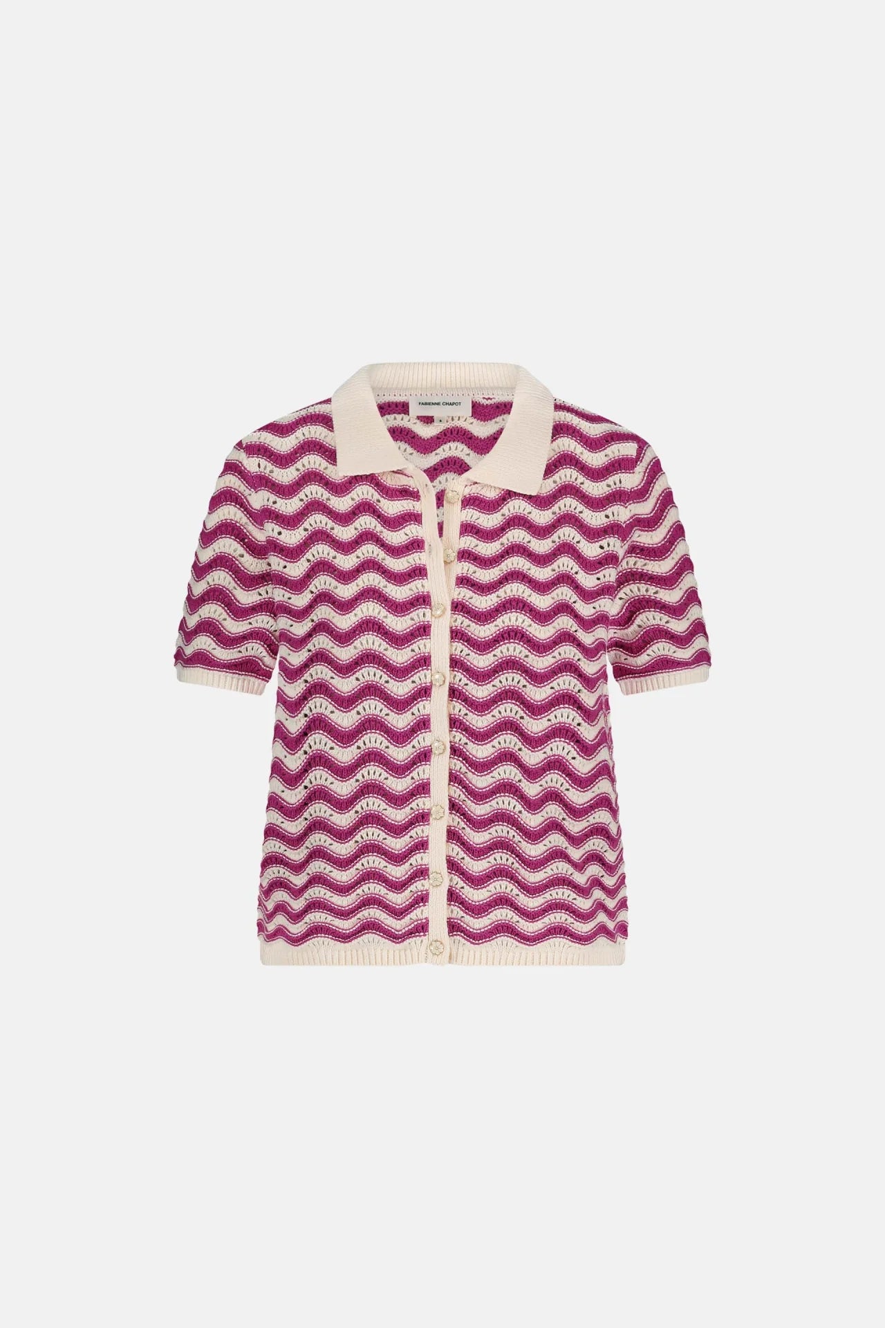 The Fabienne Chapot Caro Crochet Cardigan - Pink Craze features a pink and white wavy stripe, cream collar and trim, button-down front, and is crafted from an organic cotton blend.