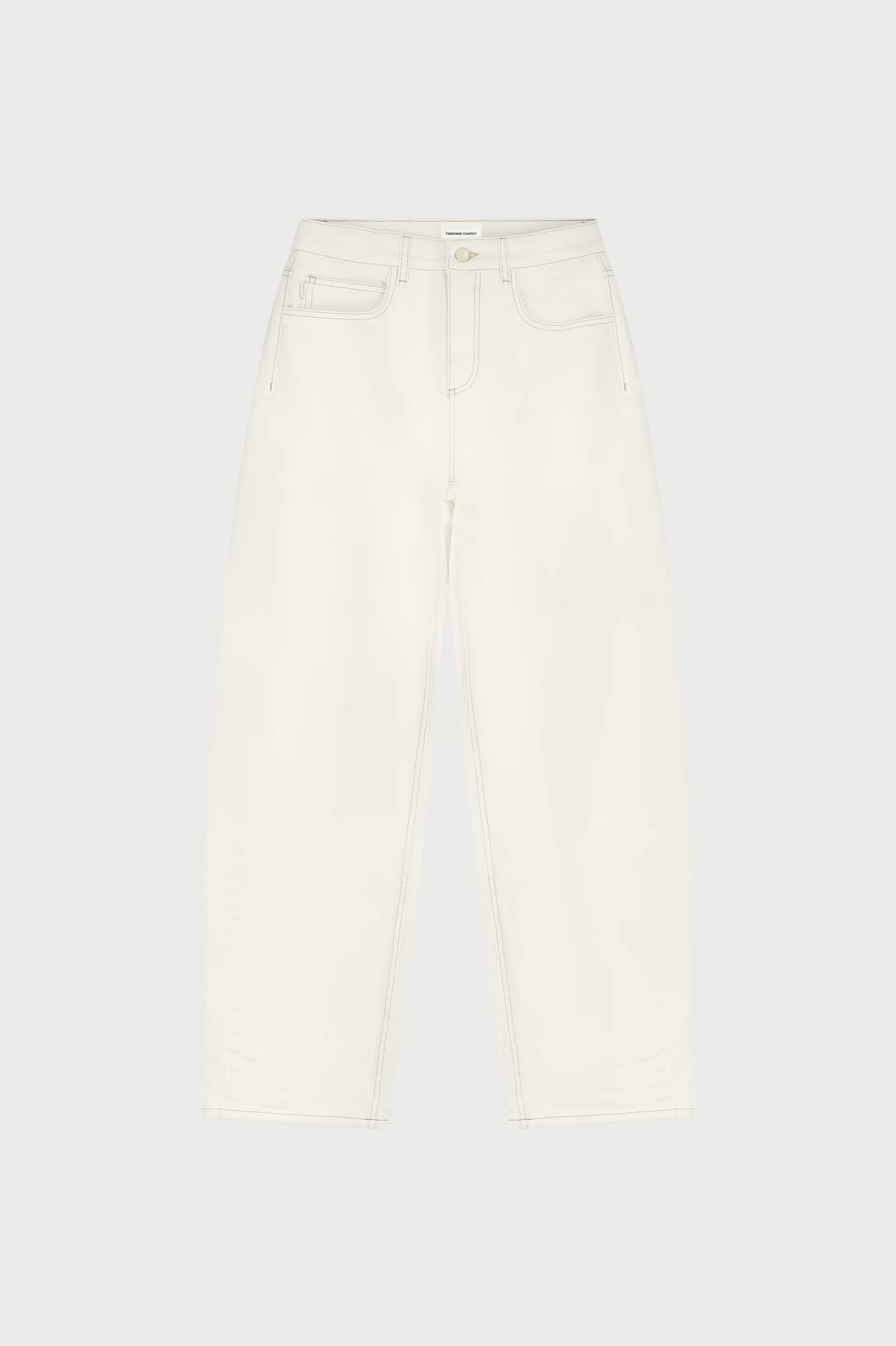 The Betty Barrel Jeans - White by Fabienne Chapot are high-waisted, wide-leg jeans made from organic cotton, featuring front and back pockets. Shown flat on a plain background.
