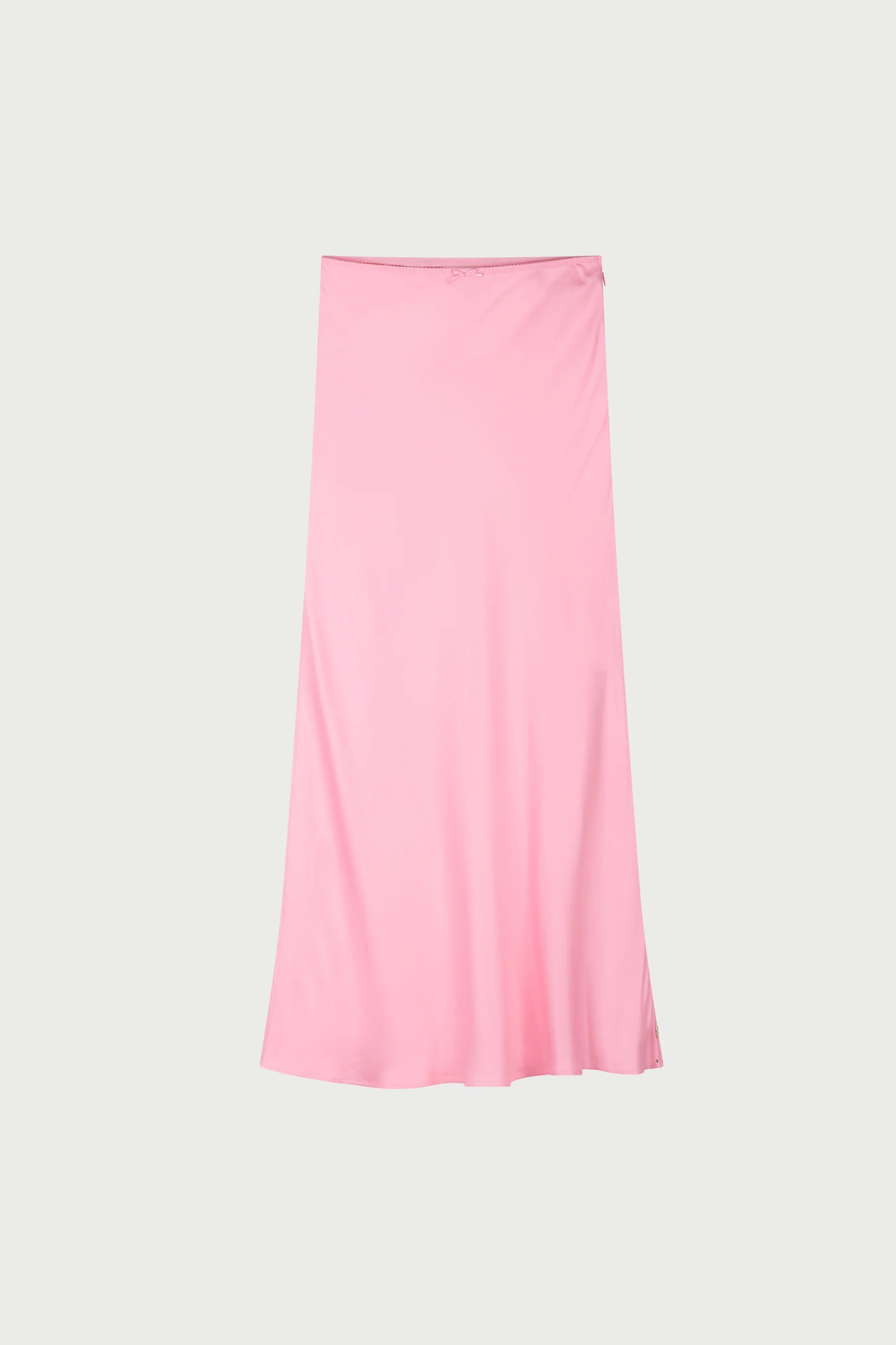The Laurent Slip Skirt - Pink by Fabienne Chapot is a feminine satin midi skirt featuring a straight waistband and slight flare, shown against a white background.
