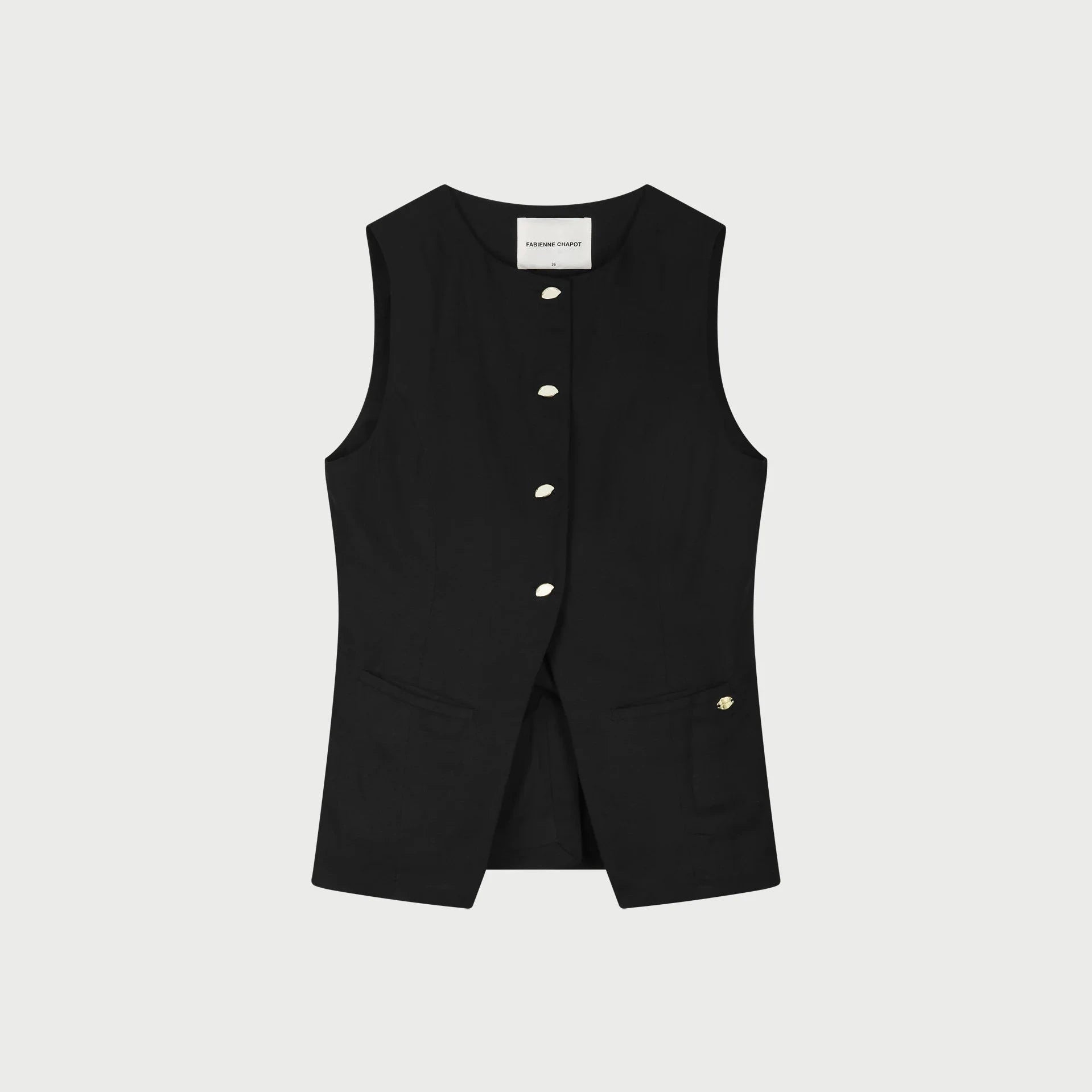 fabienne chapot Black vest with buttons on a light gray background