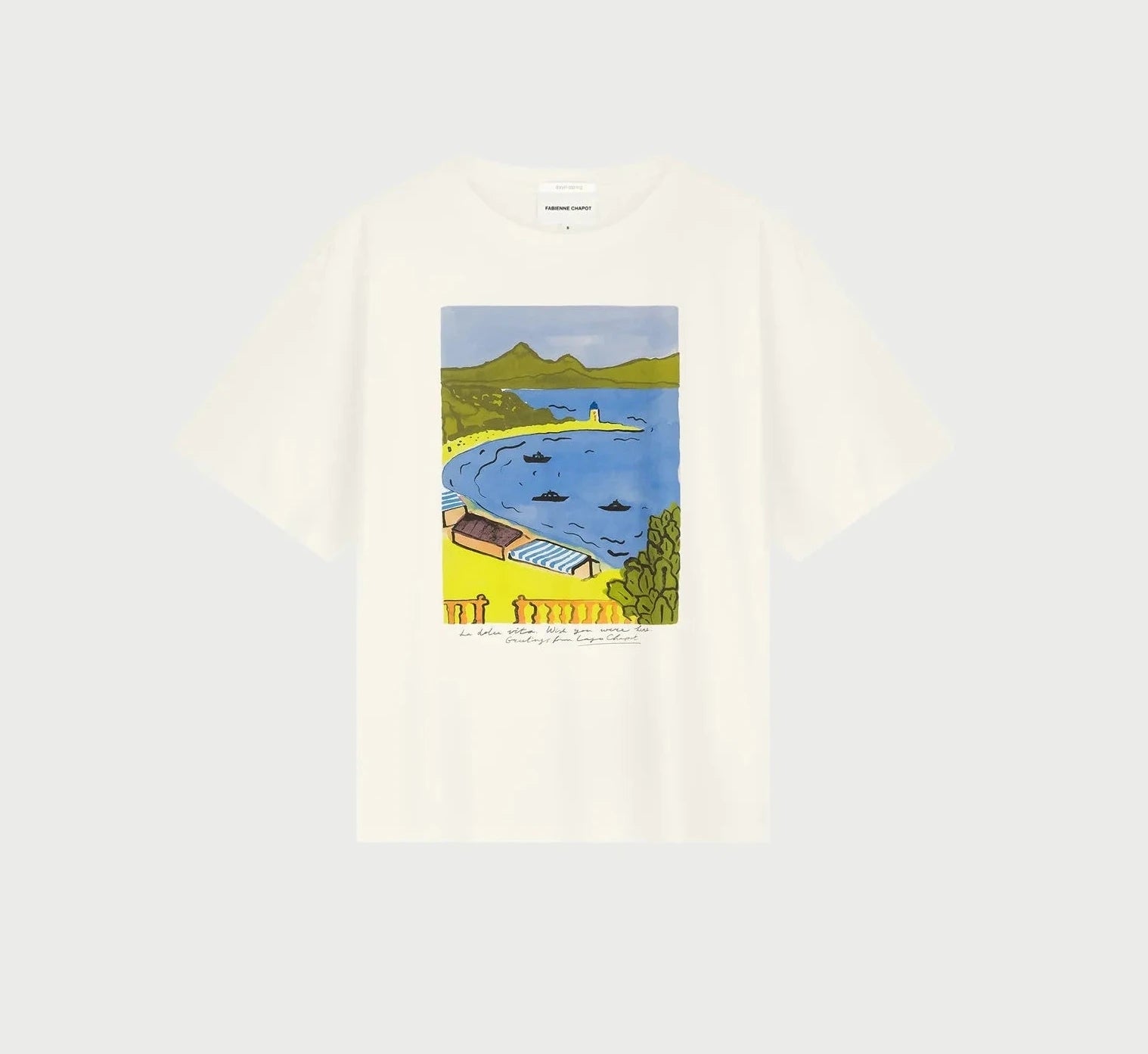 white tshirt with a scenic design on a white background