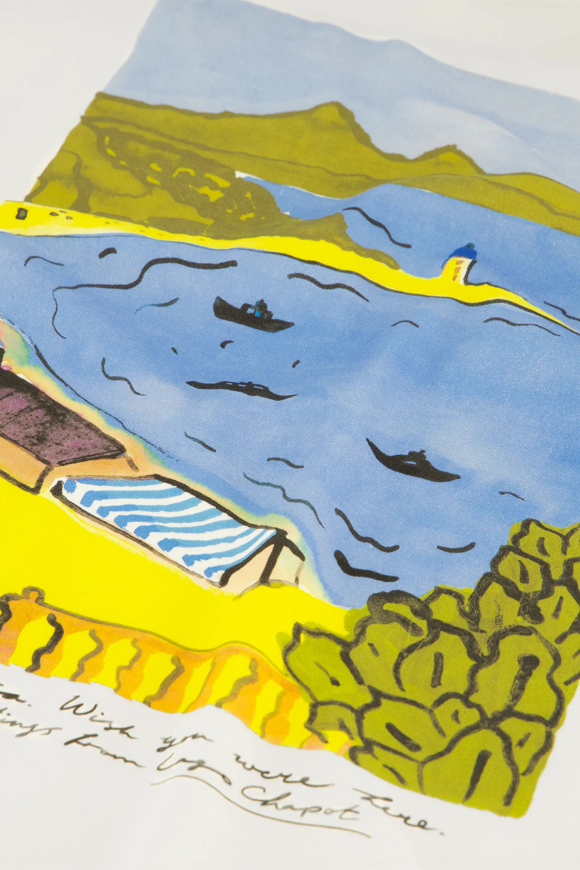 A vibrant lakeside scene with boats, blue water, green hills, and a shore building—ideal for the Steve T-shirt - Cosy White by Fabienne Chapot, bringing vacation vibes to organic cotton comfort.