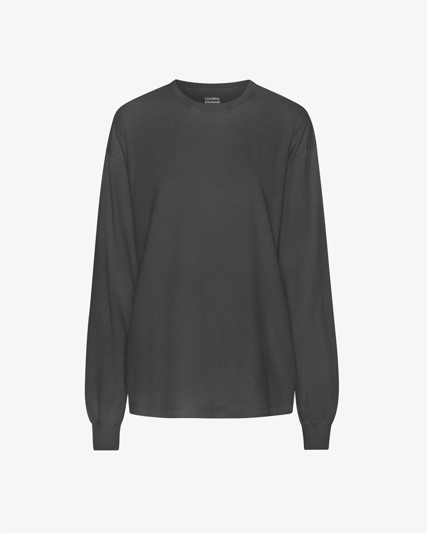 An Organic Oversized Long Sleeve T-Shirt from Colorful Standard, featuring a plain dark gray design and a crew neckline, is displayed against a white background.