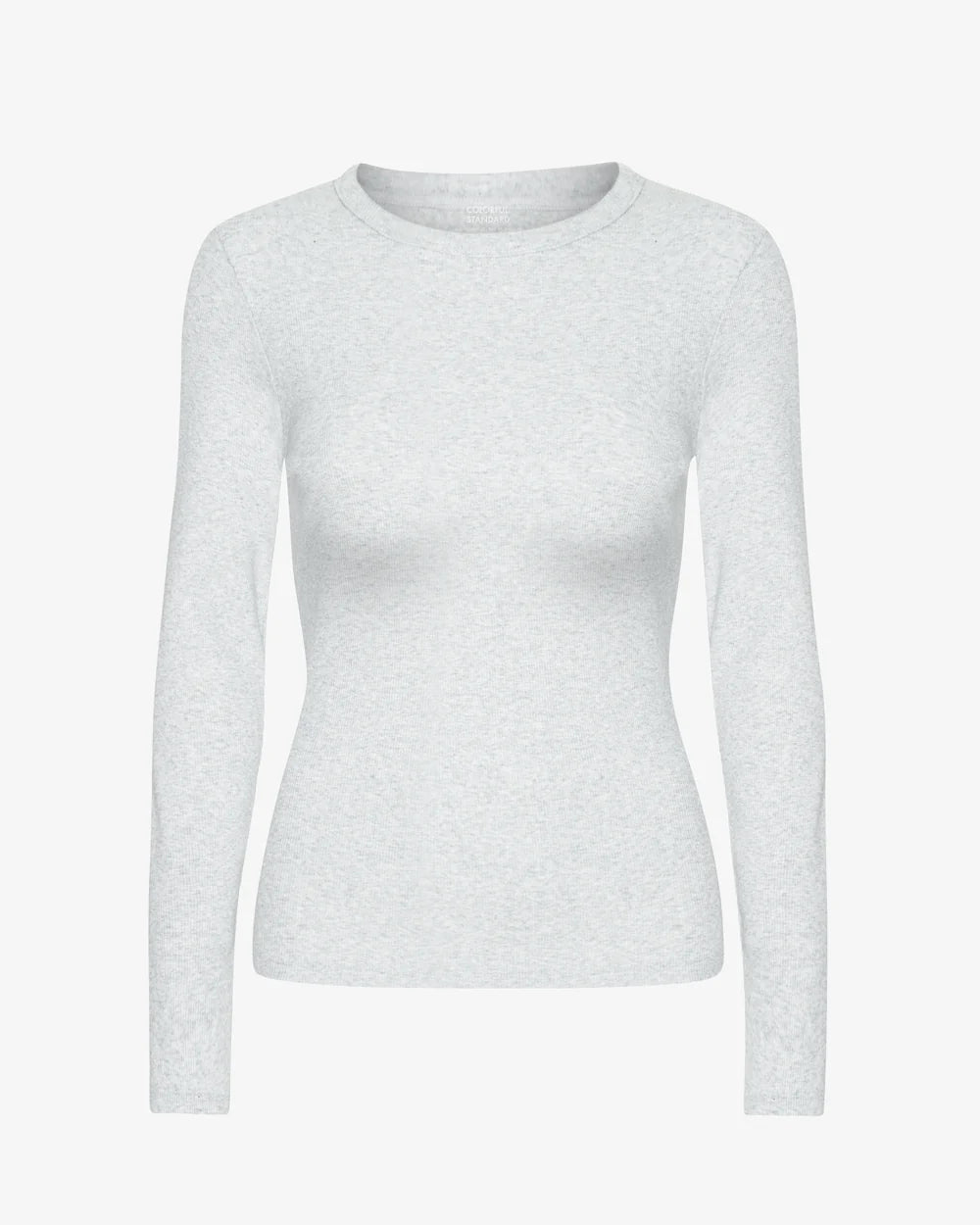 The Colorful Standard Women Organic Rib LS T-Shirt in Snow Melange is a light grey, long-sleeve crew neck tee made from environmentally-friendly organic cotton, designed for comfortable everyday wear and showcased against a plain white background.
