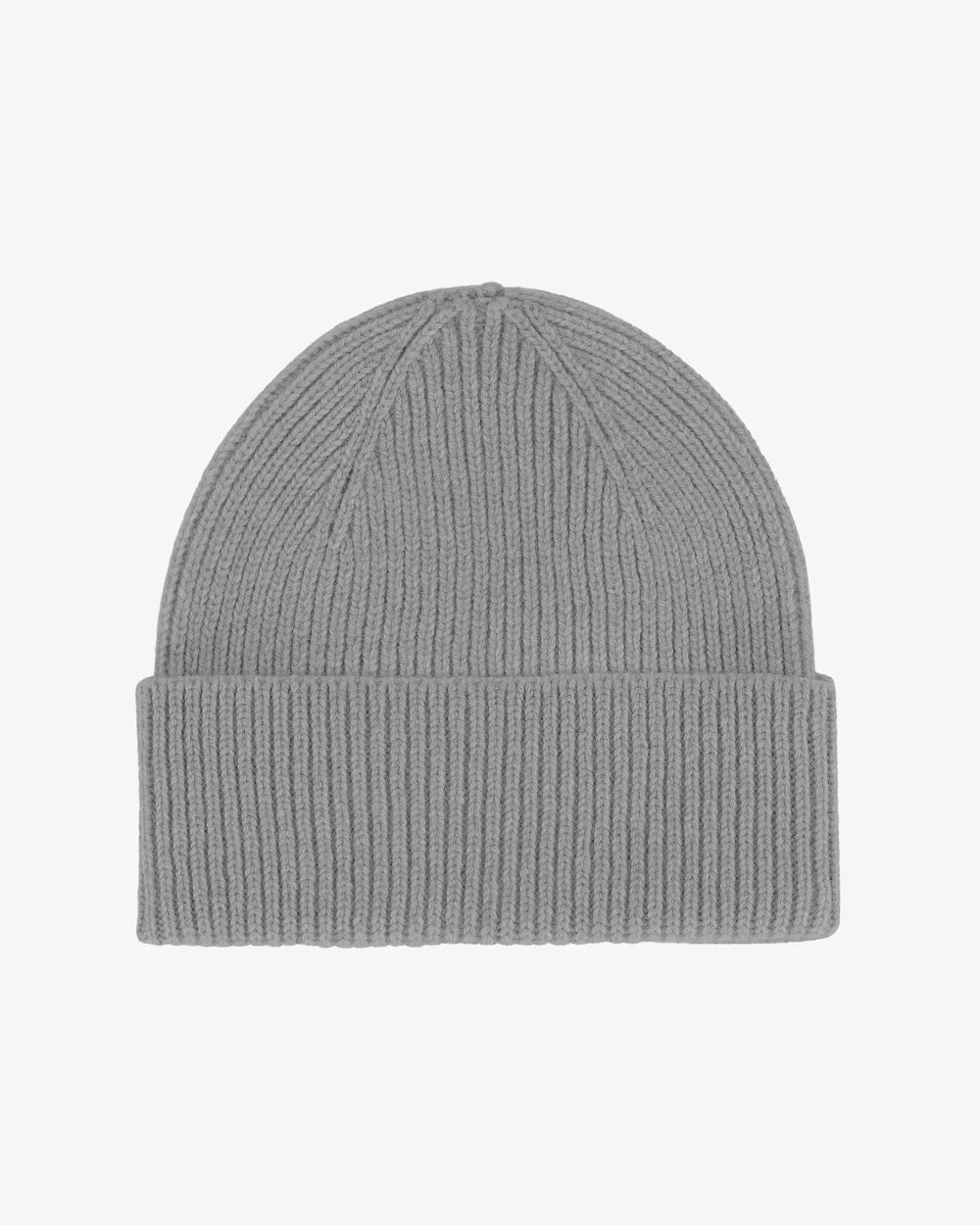 The Merino Wool Beanie by Colorful Standard is a gray ribbed knit hat with a folded cuff, shown on a plain white background.