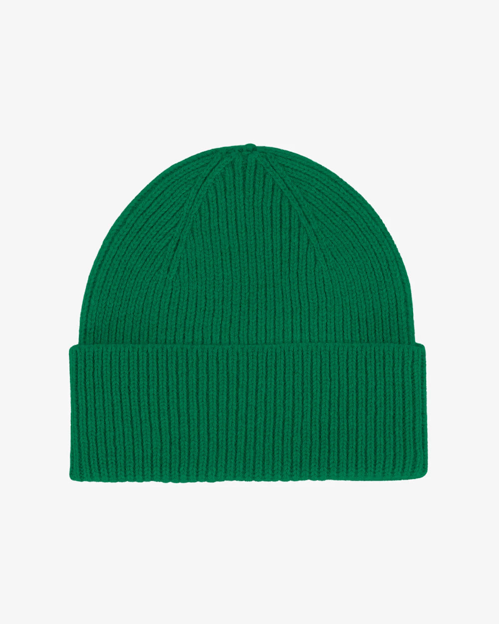 The Colorful Standard Merino Wool Beanie is a green, single fold hat with a folded brim, made from breathable fibres and shown on a plain white background.