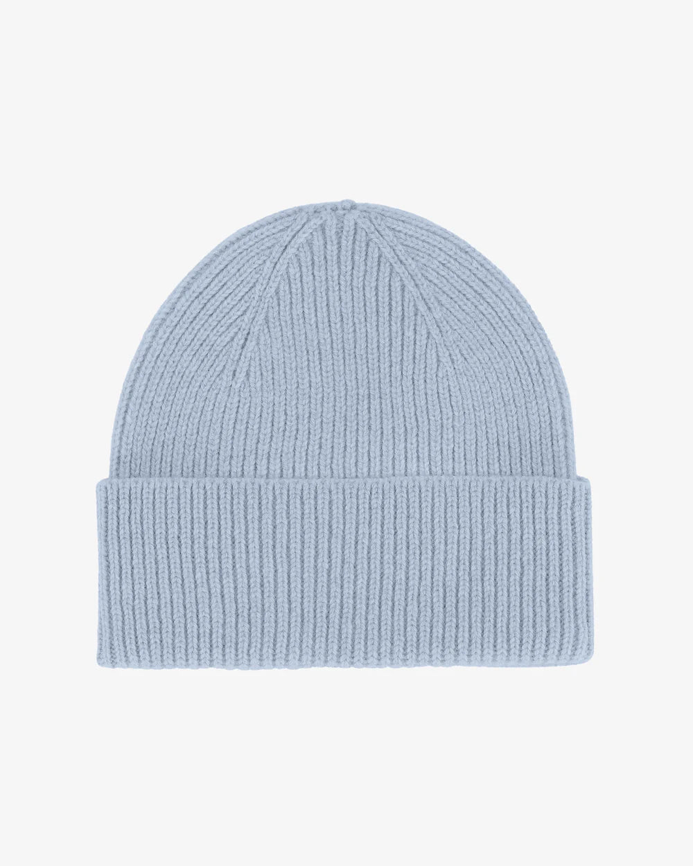 The Colorful Standard Merino Wool Beanie in light blue features a ribbed knit, single fold cuff, and breathable merino wool fibers, shown on a plain white background.
