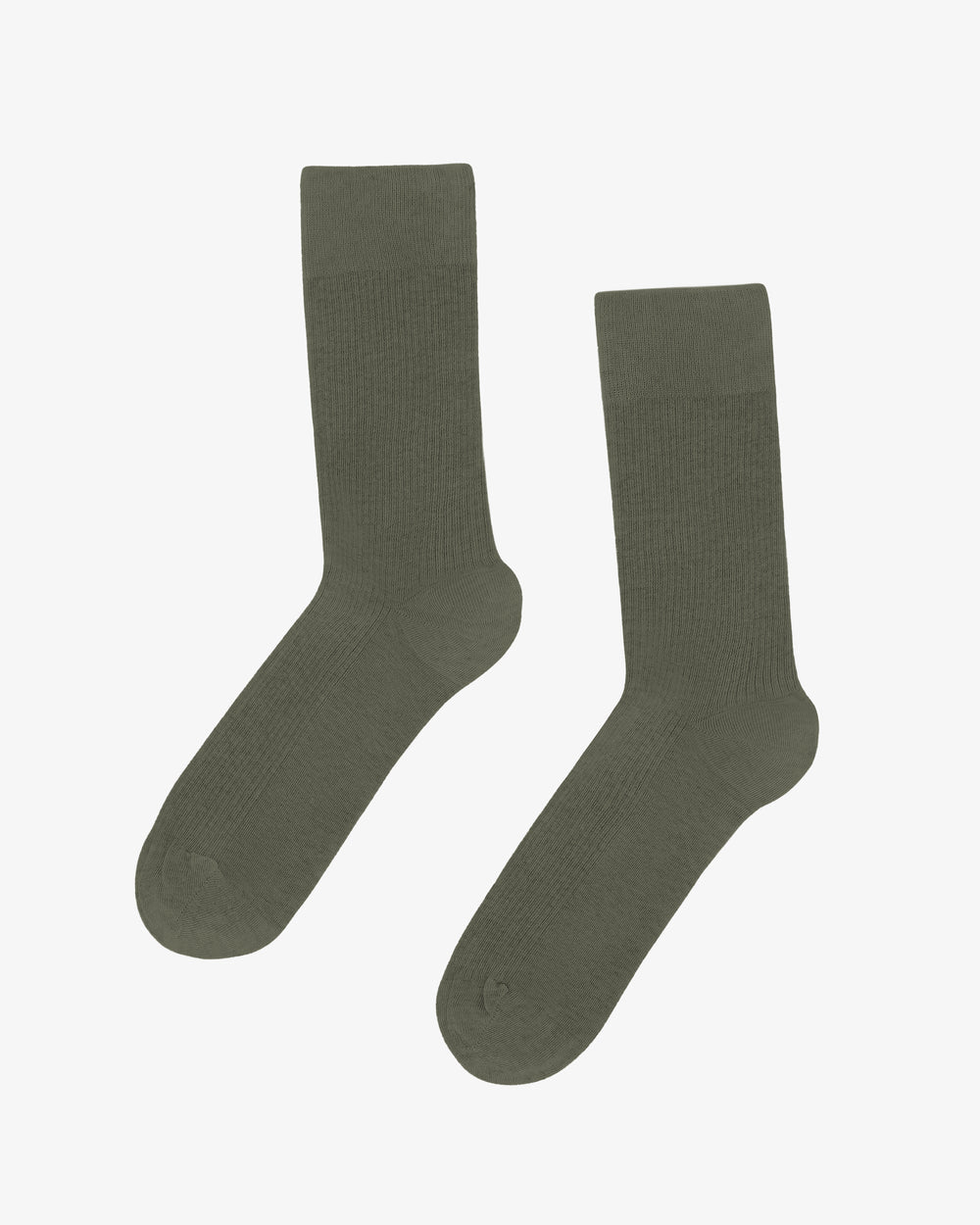 Two Classic Organic Socks by Colorful Standard, in olive green, crafted from breathable organic cotton, rest side by side on a plain white background.