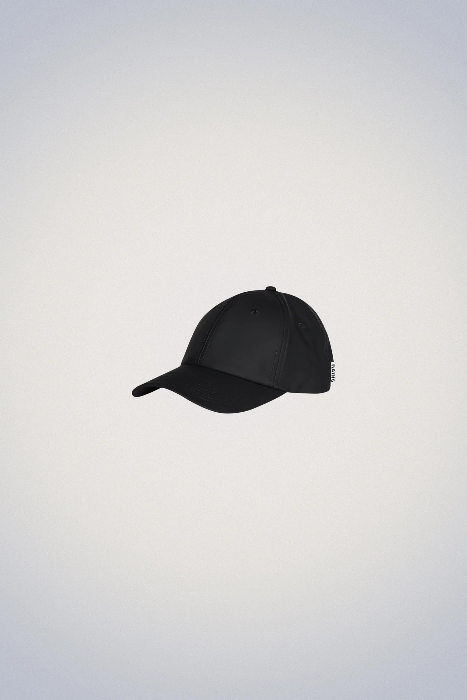 A black Waterproof Cap with a curved brim on a white background, made by Rains brand.