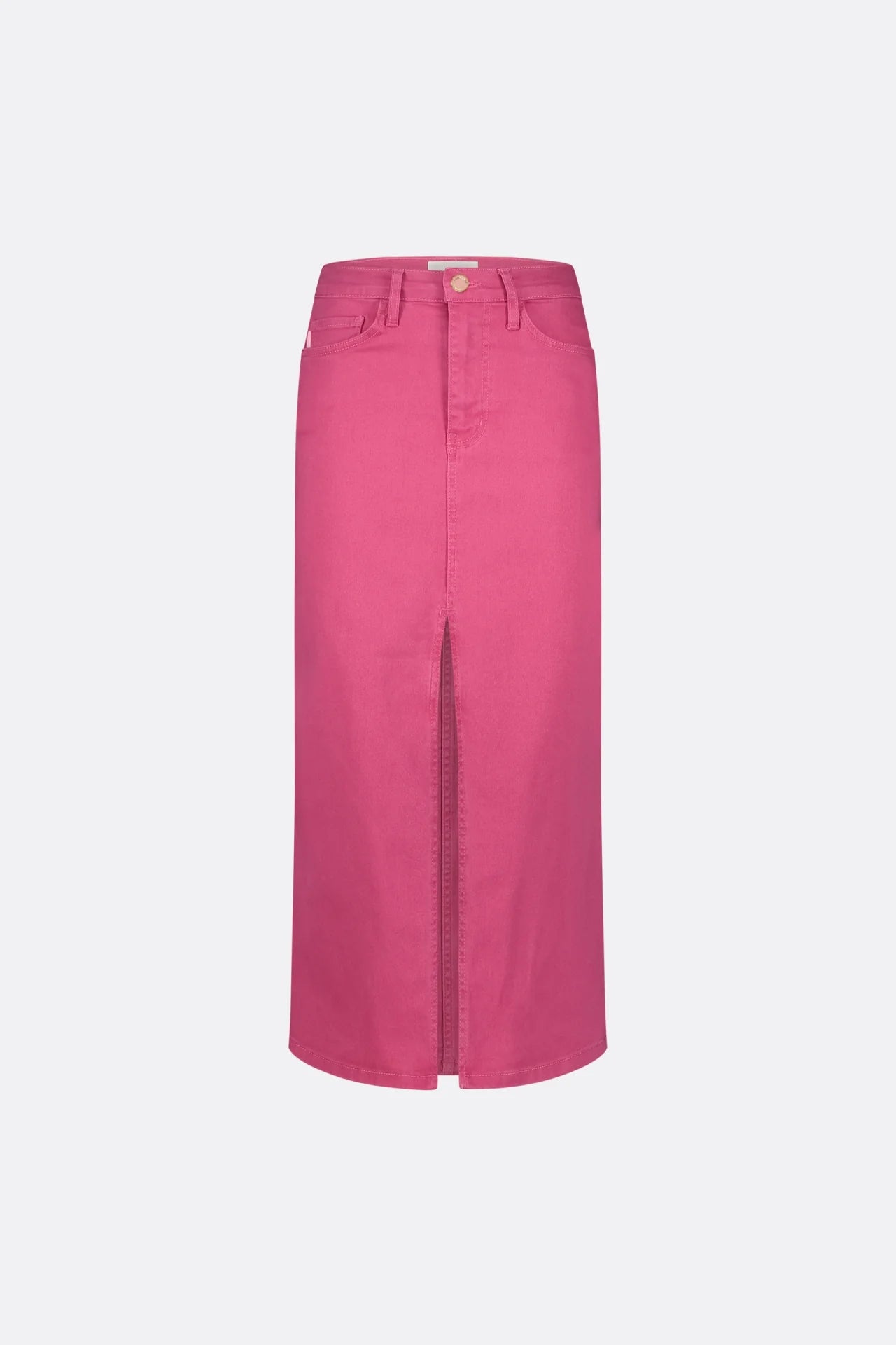 Fabienne Chapot Carlyne Skirt: Hot Pink midi denim skirt with button closure and front slit.