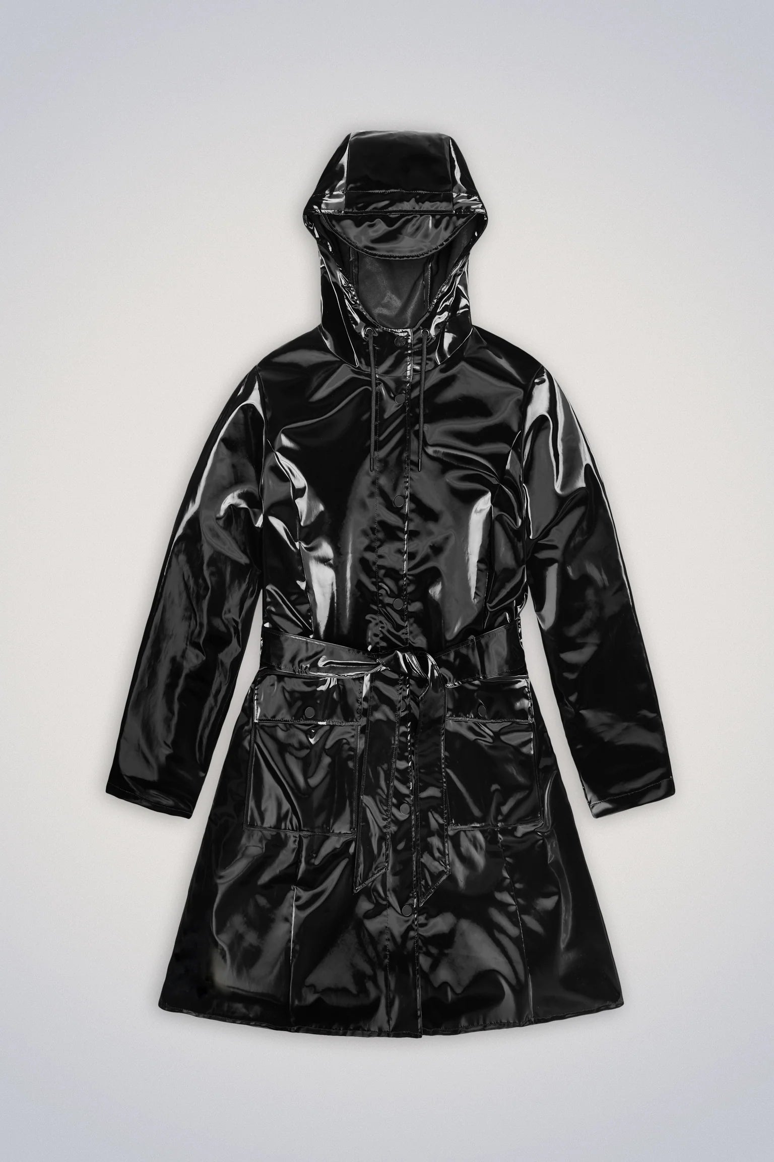 A waterproof black Curve W Jacket - Night raincoat with an adjustable hood and adjustable cuffs, on a white background. (Brand Name: Rains)
