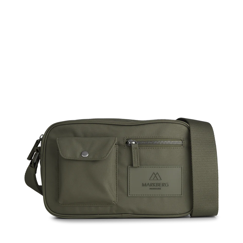 Olive green Markberg Darla Bum Bag with front pocket and zipper detail, crafted from vegan materials.