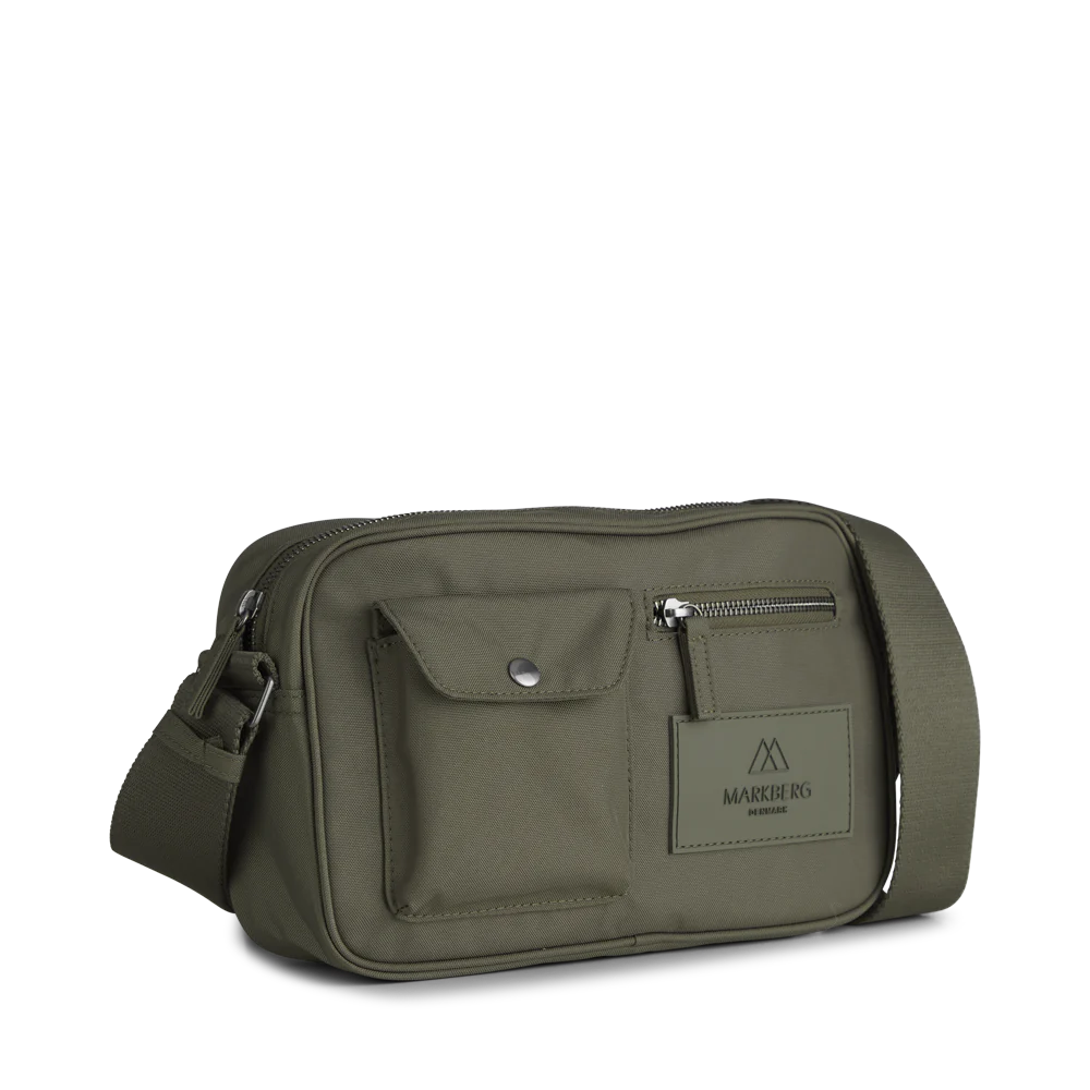 Olive green water-repellent Darla Bum Bag with front zipper pocket and Markberg label.