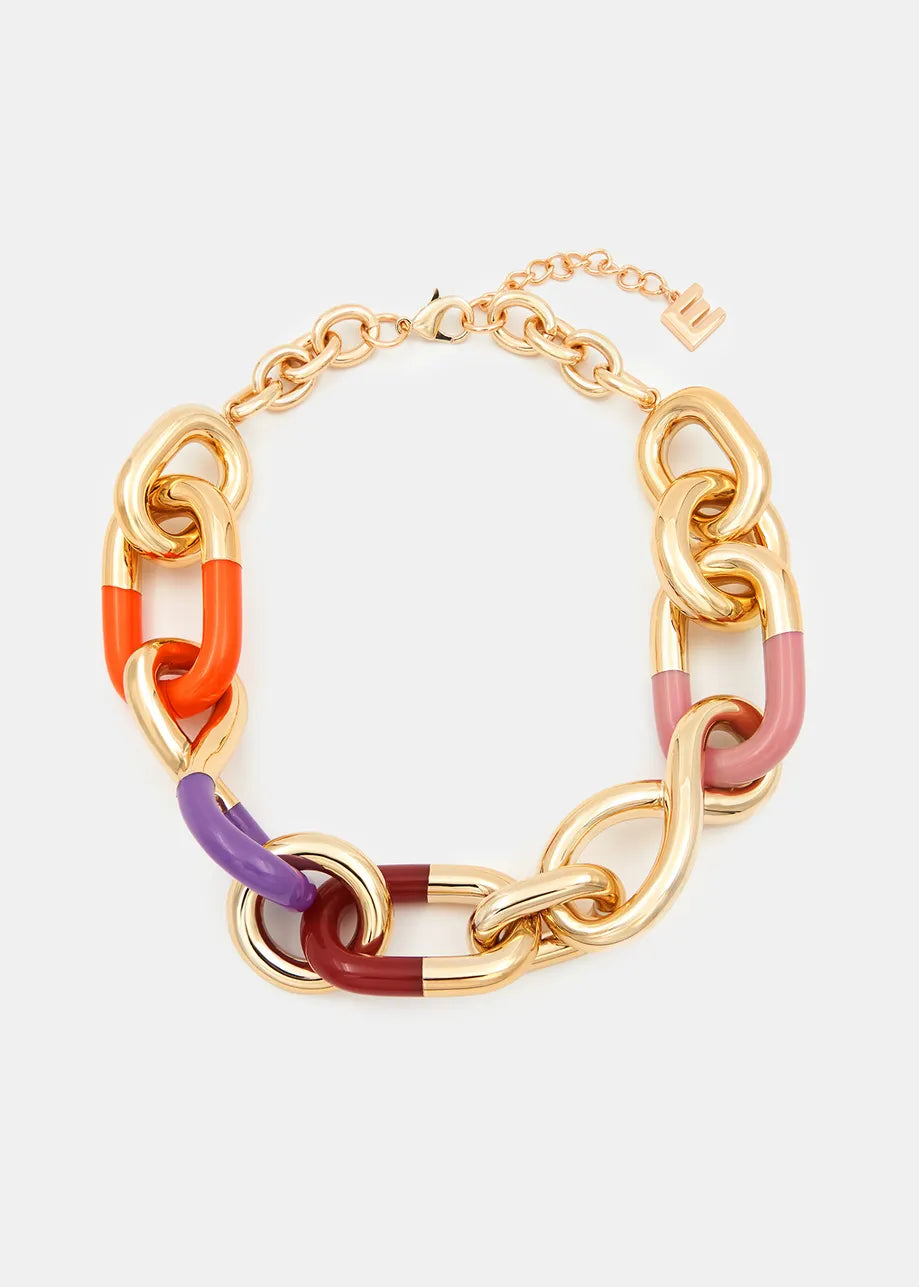An Essentiel Antwerp Ean - Gold, orange and purple chunky chain necklace with multicolored resin links.
